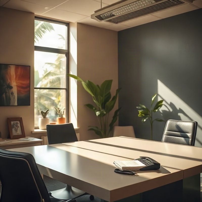 Mesa de escritório com telefone e caderno em ambiente iluminado em Brasília